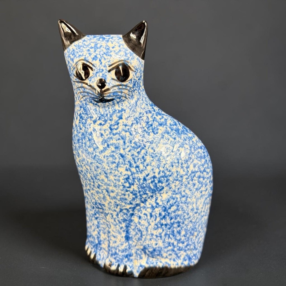 N S Gustin Blue White Sponge Painted Ceramic Cat Figurine Hand Painted 8" Tall